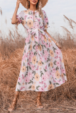 Elegant Floral Frenulum Strap Design Pleated Dresses