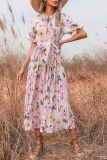 Elegant Floral Frenulum Strap Design Pleated Dresses