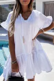 Fashion Sweet Solid Tassel Split Joint Flounce V Neck A Line Dresses