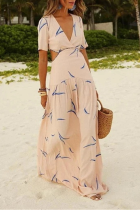 Casual Vacation Print Hollowed Out Split Joint V Neck A Line Dresses
