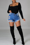 Fashion Street Solid Ripped High Waist Straight Denim Shorts