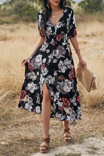 Elegant Floral Draw String Slit V Neck A Line Dresses