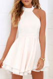 Fashion Sweet Solid Split Joint O Neck Pleated Dresses