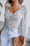Fashion Elegant Floral Split Joint Fold V Neck Tops