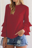 Casual Solid Flounce O Neck Tops