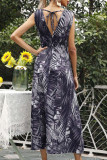 Fashion Street Print Split Joint V Neck Waist Skirt Dresses