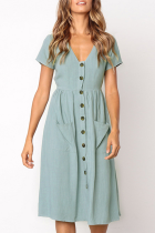 Elegant Solid Pocket Buckle V Neck A Line Dresses