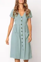 Elegant Solid Pocket Buckle V Neck A Line Dresses