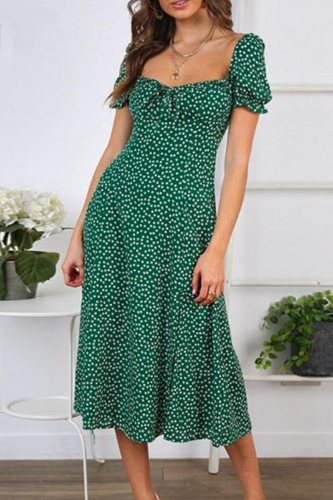 Fashion Elegant Floral Split Joint Frenulum Square Collar A Line Dresses