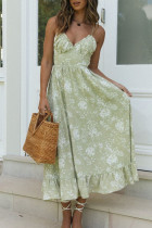 Fashion Sexy Print Split Joint V Neck Waist Skirt Dresses