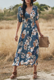 Elegant Floral Draw String Slit V Neck A Line Dresses