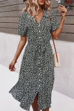 Fashion Elegant Print Split Joint Turndown Collar Waist Skirt Dresses