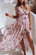 Fashion Elegant Floral Split Joint Slit V Neck A Line Dresses