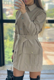 Fashion Solid Pocket With Belt Turndown Collar Dresses