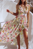 Fashion Elegant Floral Split Joint Slit V Neck A Line Dresses