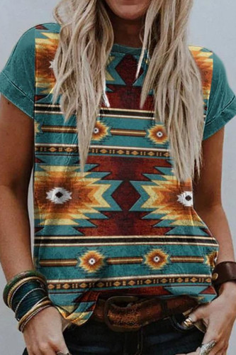 Fashion Casual Print Split Joint O Neck T-Shirts