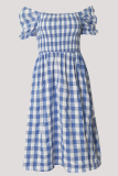 Fashion Elegant Plaid Split Joint Slit Square Collar A Line Dresses