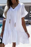 Fashion Sweet Solid Tassel Split Joint Flounce V Neck A Line Dresses
