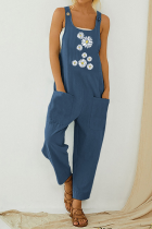 Casual Print Pocket Buttons U Neck Straight Jumpsuits