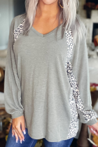 Casual Leopard Patchwork V Neck Tops