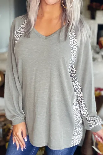 Casual Leopard Patchwork V Neck Tops