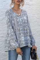 Fashion Elegant Print Tassel Frenulum V Neck Tops