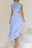 Sweet Elegant Solid Hollowed Out Mandarin Collar A Line Dresses(9 Colors)