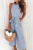 Casual Striped With Belt O Neck Regular Jumpsuits