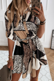 Fashion Leopard Patchwork Turndown Collar Shirt Dress Dresses