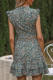 Elegant Floral Frenulum Buttons Flounce V Neck Two Pieces