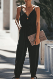 Casual Street Print Solid Draw String Backless V Neck Regular Jumpsuits