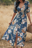 Elegant Floral Draw String Slit V Neck A Line Dresses