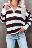 Casual Striped Patchwork Buckle Turndown Collar Tops