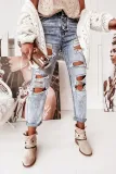 Street Solid Ripped Hollowed Out Regular Denim Jeans