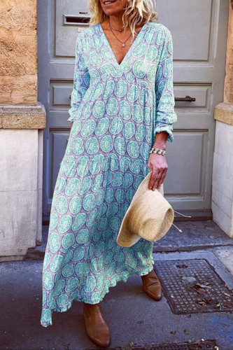 Fashion Street Print Split Joint V Neck Princess Dresses