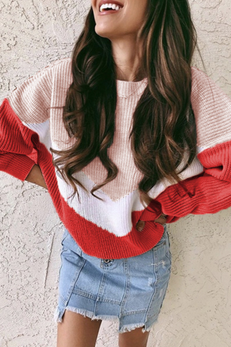 Casual Color Lump Patchwork Contrast O Neck Tops