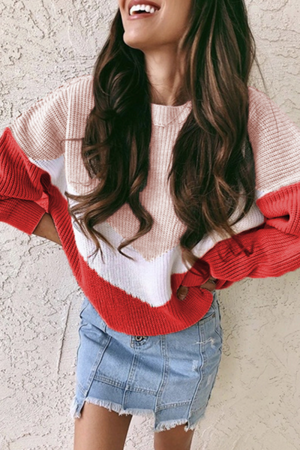 Casual Color Lump Patchwork Contrast O Neck Tops