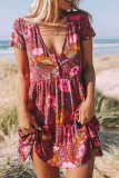 Fashion Street Print Patchwork V Neck Pleated Dresses