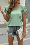 Casual Simplicity Solid Flounce Solid Color V Neck T-Shirts(9 Colors)