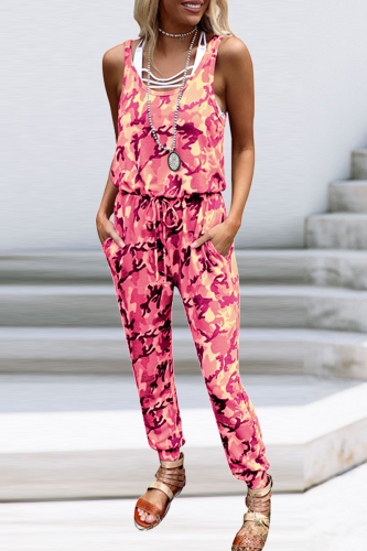 Casual Camouflage Print Patchwork O Neck Harlan Jumpsuits