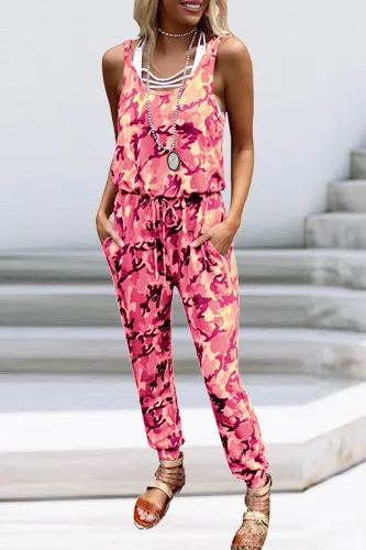 Casual Camouflage Print Patchwork O Neck Harlan Jumpsuits