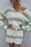 Fashion Casual Striped Split Joint V Neck Long Sleeve Two Pieces