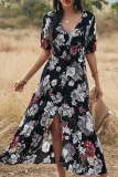 Bohemian Vacation Floral Patchwork Slit V Neck Waist Skirt Dresses