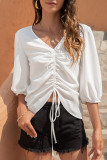 Fashion Street Solid Draw String V Neck Tops