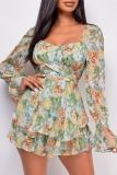 Street Floral Frenulum Backless Square Collar Rompers