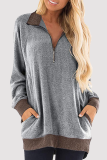 Casual Patchwork Pocket Zipper Turndown Collar Tops
