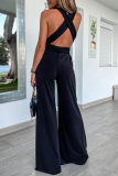 Street Solid Bandage Halter Loose Jumpsuits