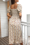 Fashion Elegant Print Split Joint Slit Square Collar A Line Dresses