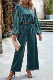 Elegant Solid Pocket O Neck Long Sleeve Two Pieces
