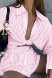 Fashion Casual Striped Split Joint Turndown Collar Long Sleeve Two Pieces